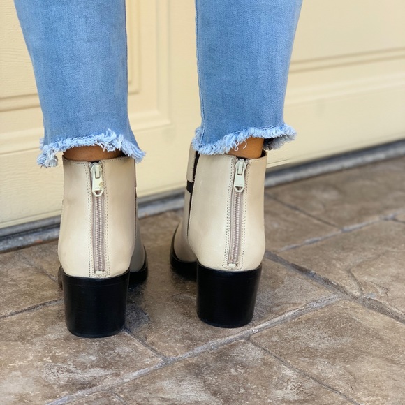 Cream Distressed Asymmetrical Leather Boots - Picture 3 of 7